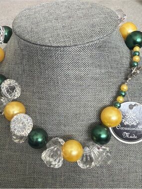Crystal & Bead Statement Bracelet with green and gold beads